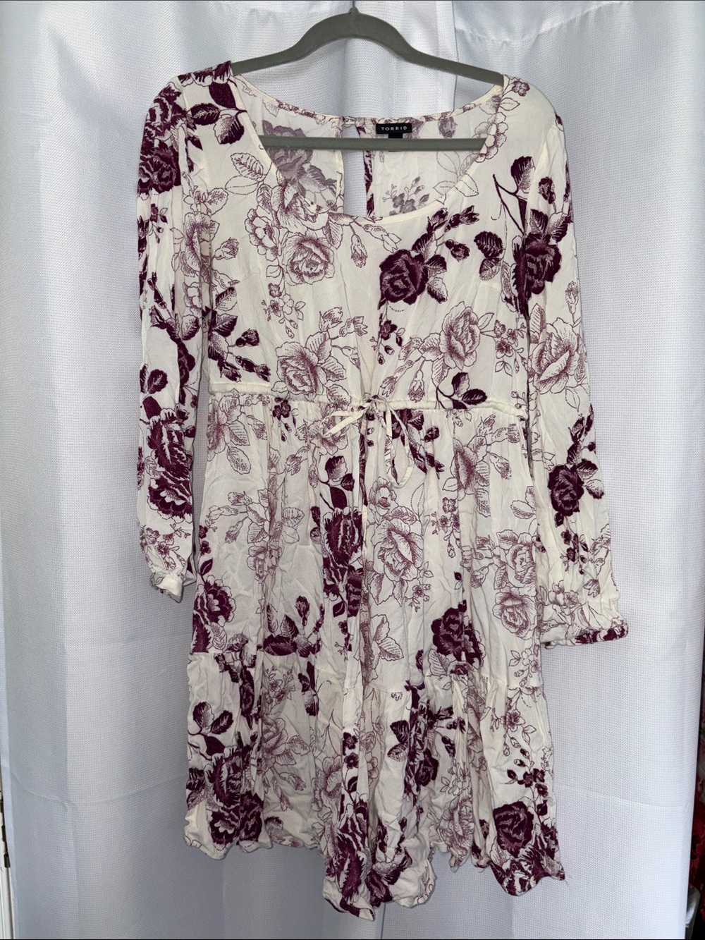 torrid mini tiered Dress with Plum Floral Pattern and Tie Waist